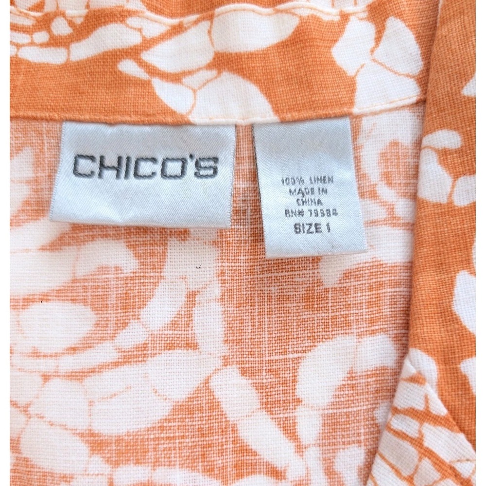 Women's Chico's Size 1 Medium 100% Linen Tropical Print Blouse, Button Up Resort - Picture 5 of 11